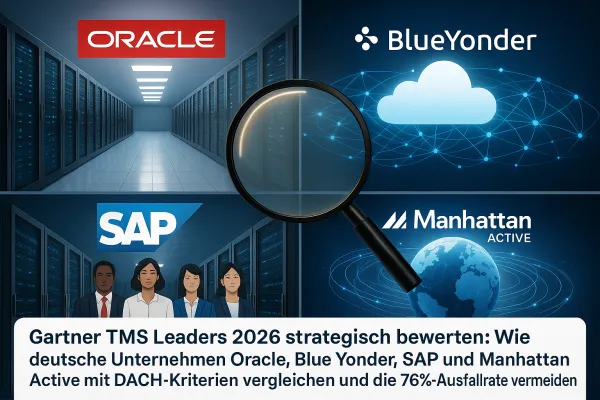 Gartner TMS Leaders 2026 strategisch bewerten: Wie deutsche Unternehmen Oracle, Blue Yonder, SAP und Manhattan Active mit DACH-Kriterien vergleichen und die 76%-Ausfallrate vermeiden